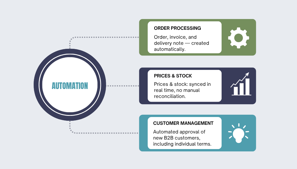 Diagram showing automation connecting order processing, pricing and inventory sync, and B2B account management