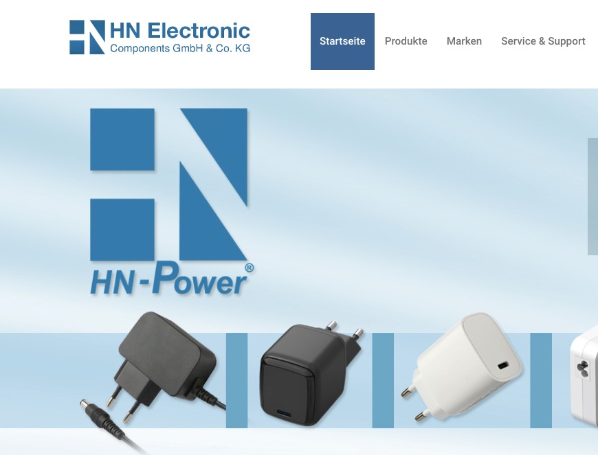 HN Electronic homepage with HN-Power brand banner and plug-in power supplies