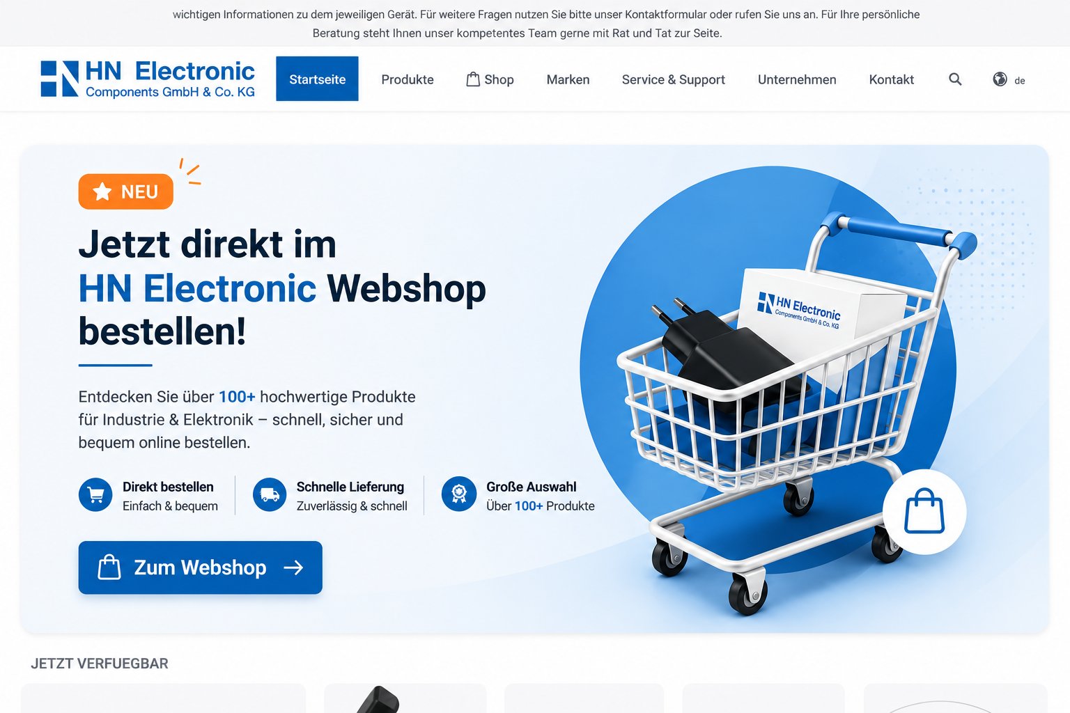 HN Electronic homepage section promoting the new webshop with Order now button