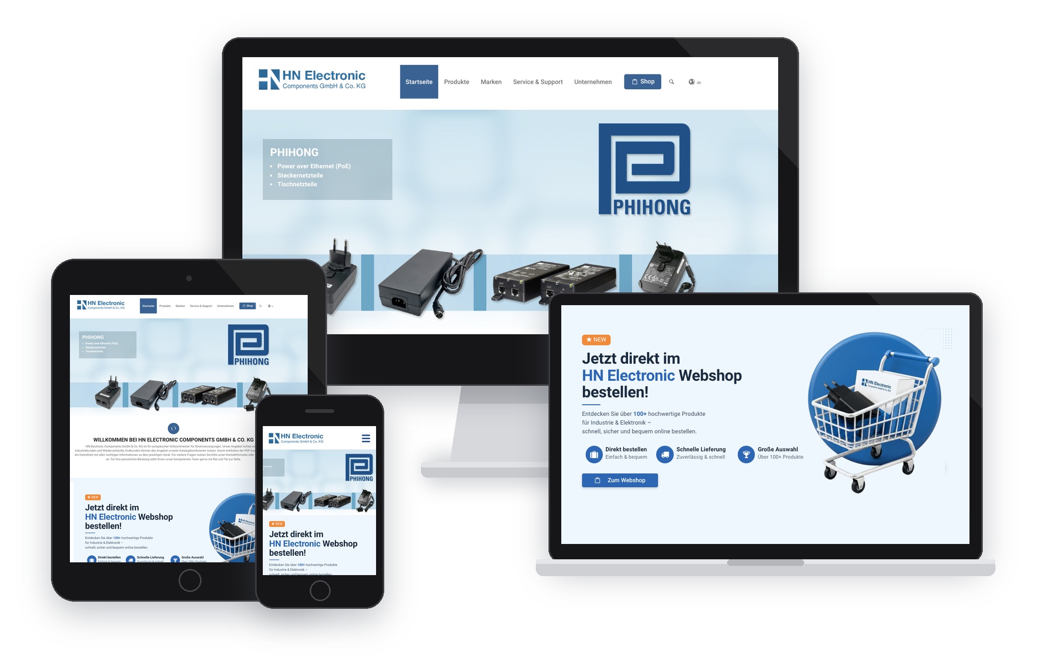 HN Electronic WordPress website shown responsive on desktop, laptop, tablet, and smartphone