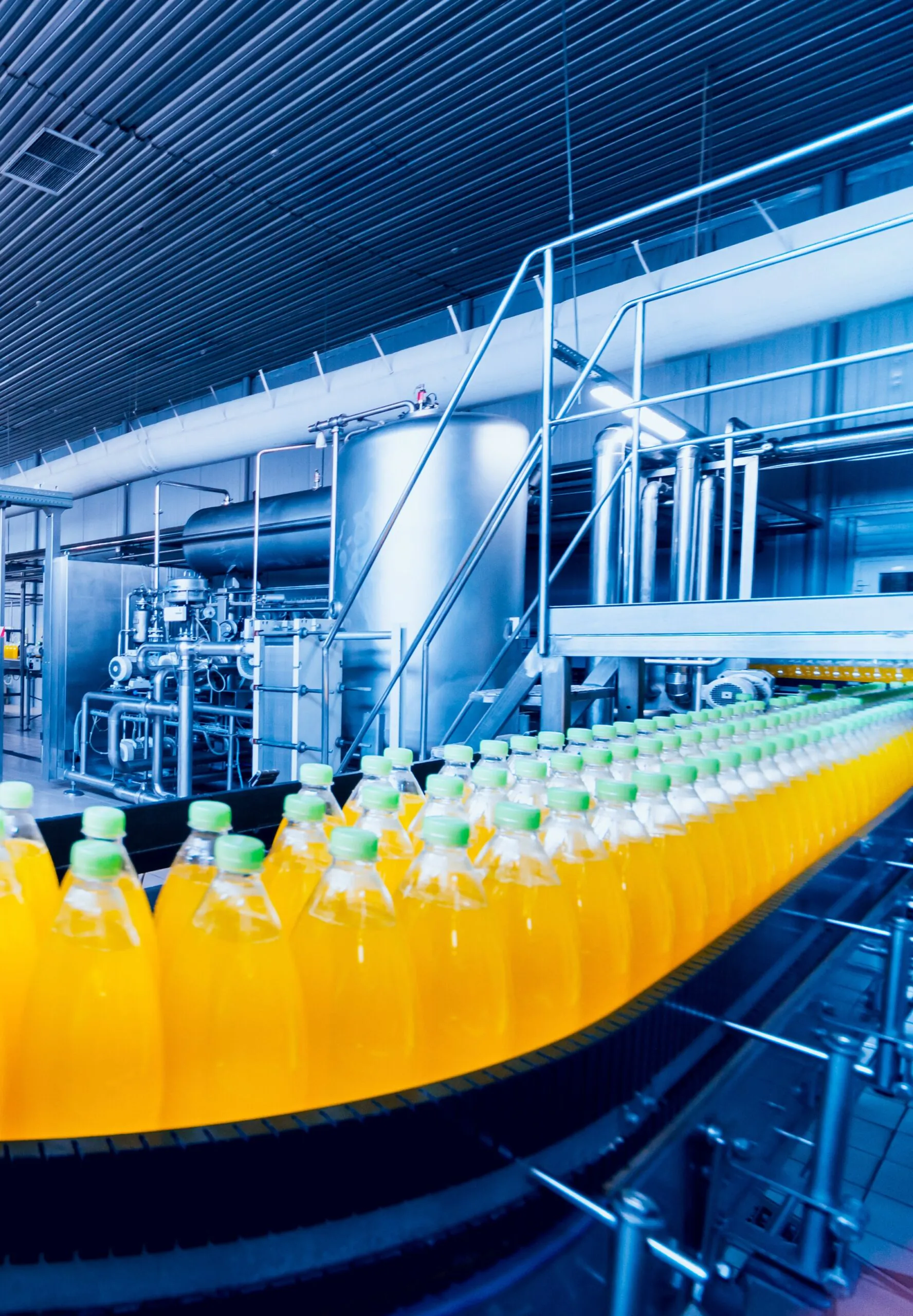 Beverage bottles on a bottling line, representing ViviApp, the custom ERP built for Zurich drinks maker Vivi Kola